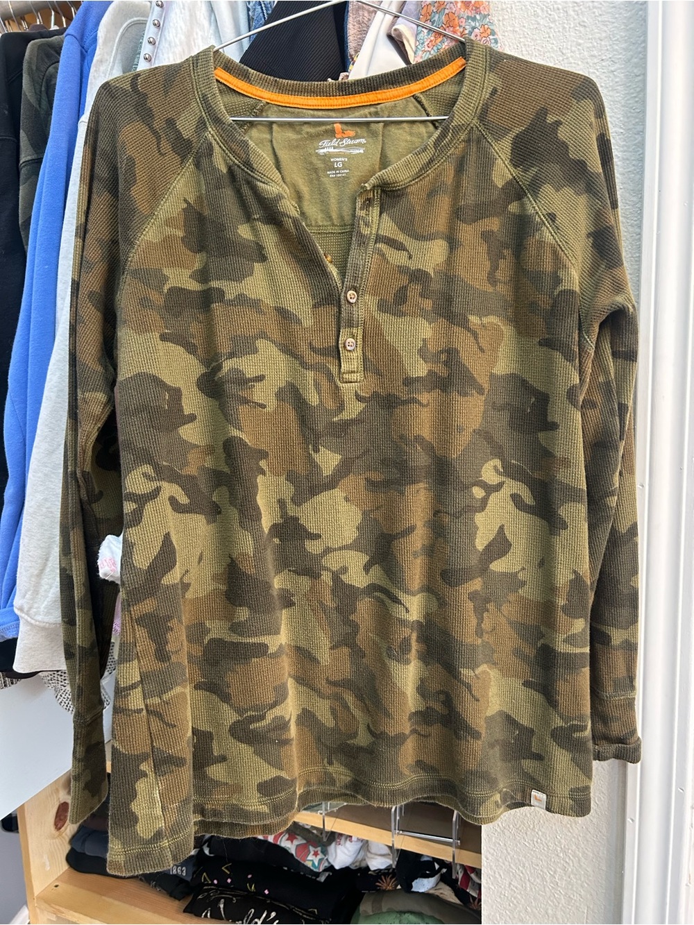 Field & Stream Olive and Brown Camo Waffle Henley